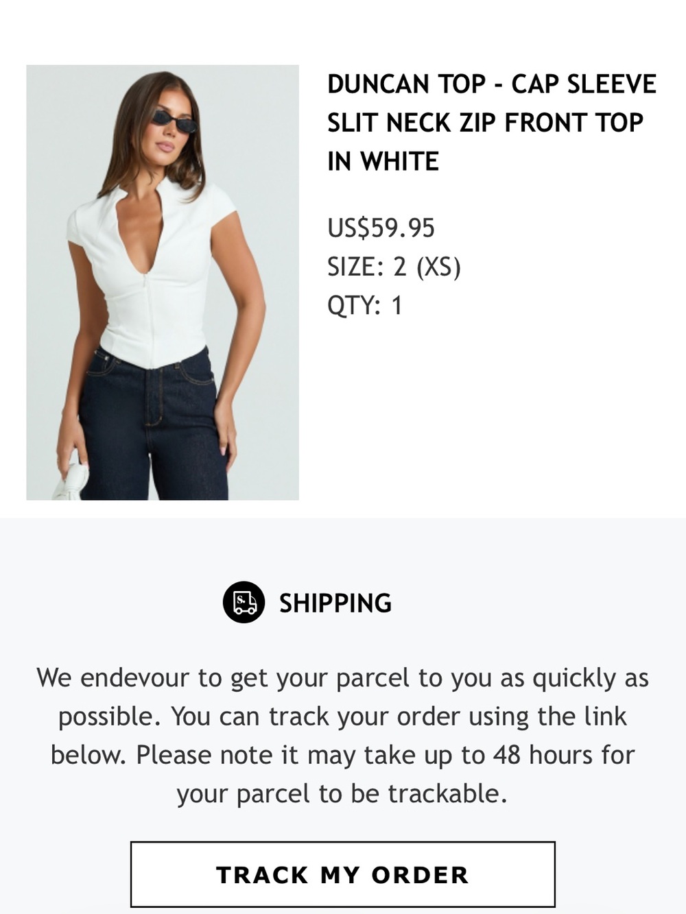 Showpo. White Zip-Front Cap Sleeve Top